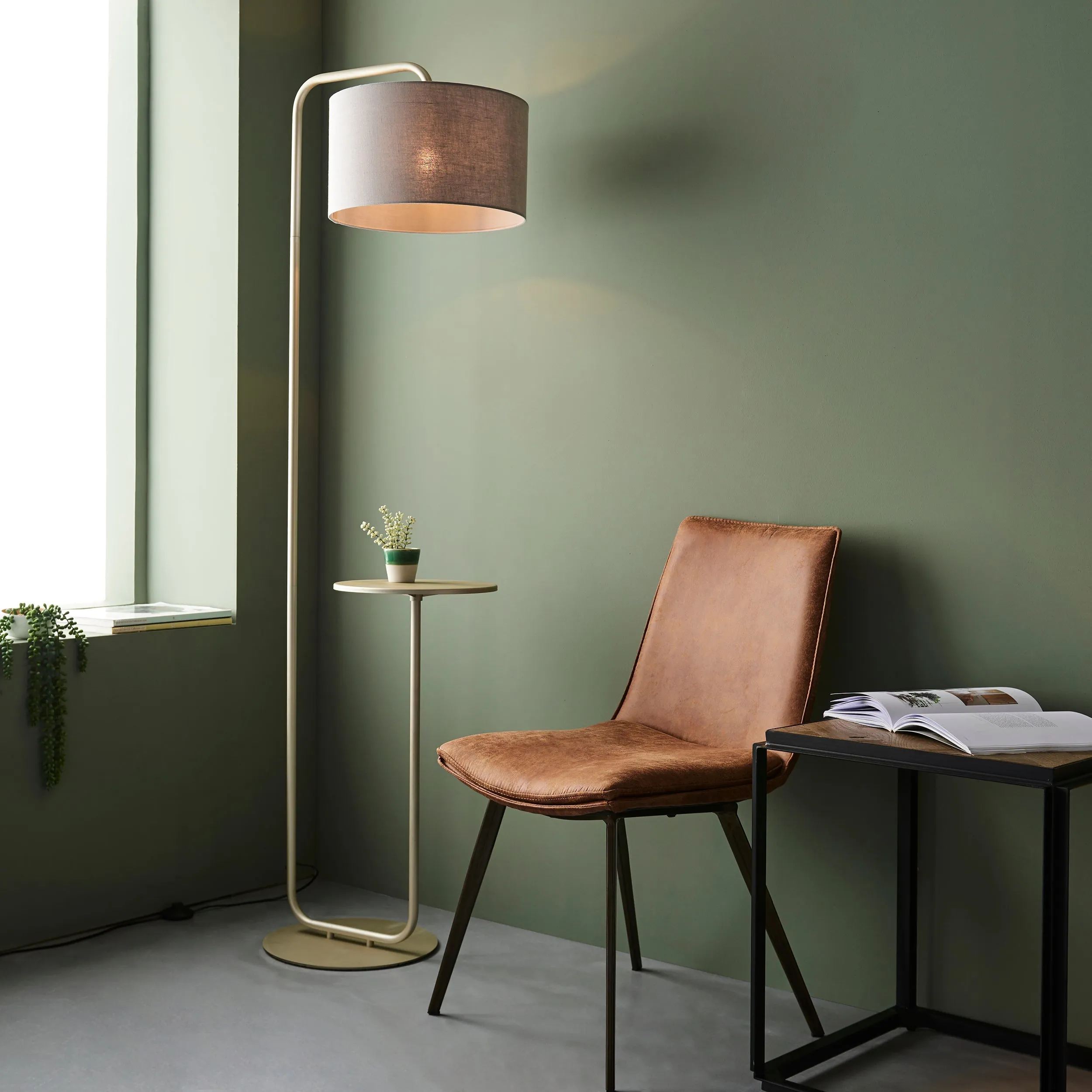 Amos Hybrid Floor Lamp with Table Satin Champagne