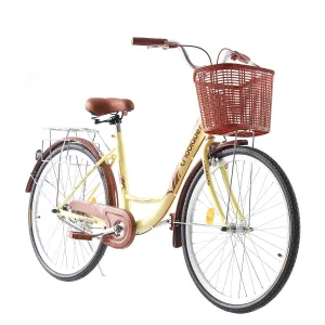 BSTSEL 26 Inch Wheels Vintage bike Fabric Bike City Classic Bicycle, Retro Bicycle With 1 Speed Shimano Gears, Sprung Saddle, Rack And Front Basket Formal Road Bike For Woman (Brown)