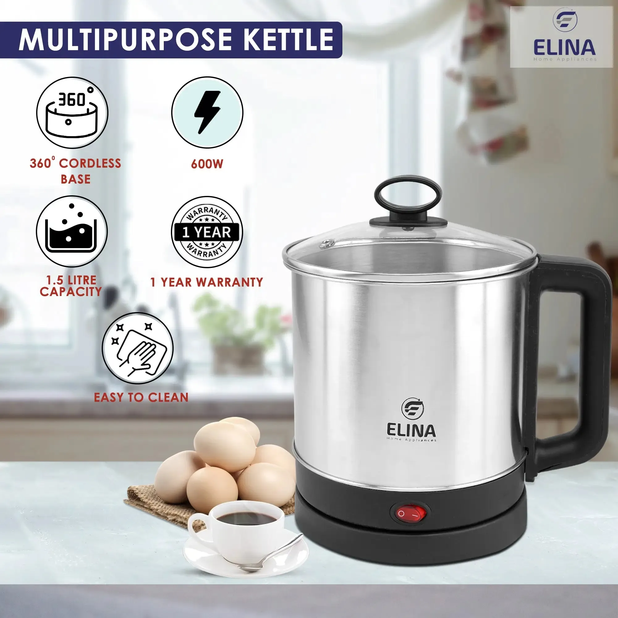 Elina 600W Multi Purpose Kettle 1.5L with egg boiler, S.S Steamer and S.S Stand, Silver
