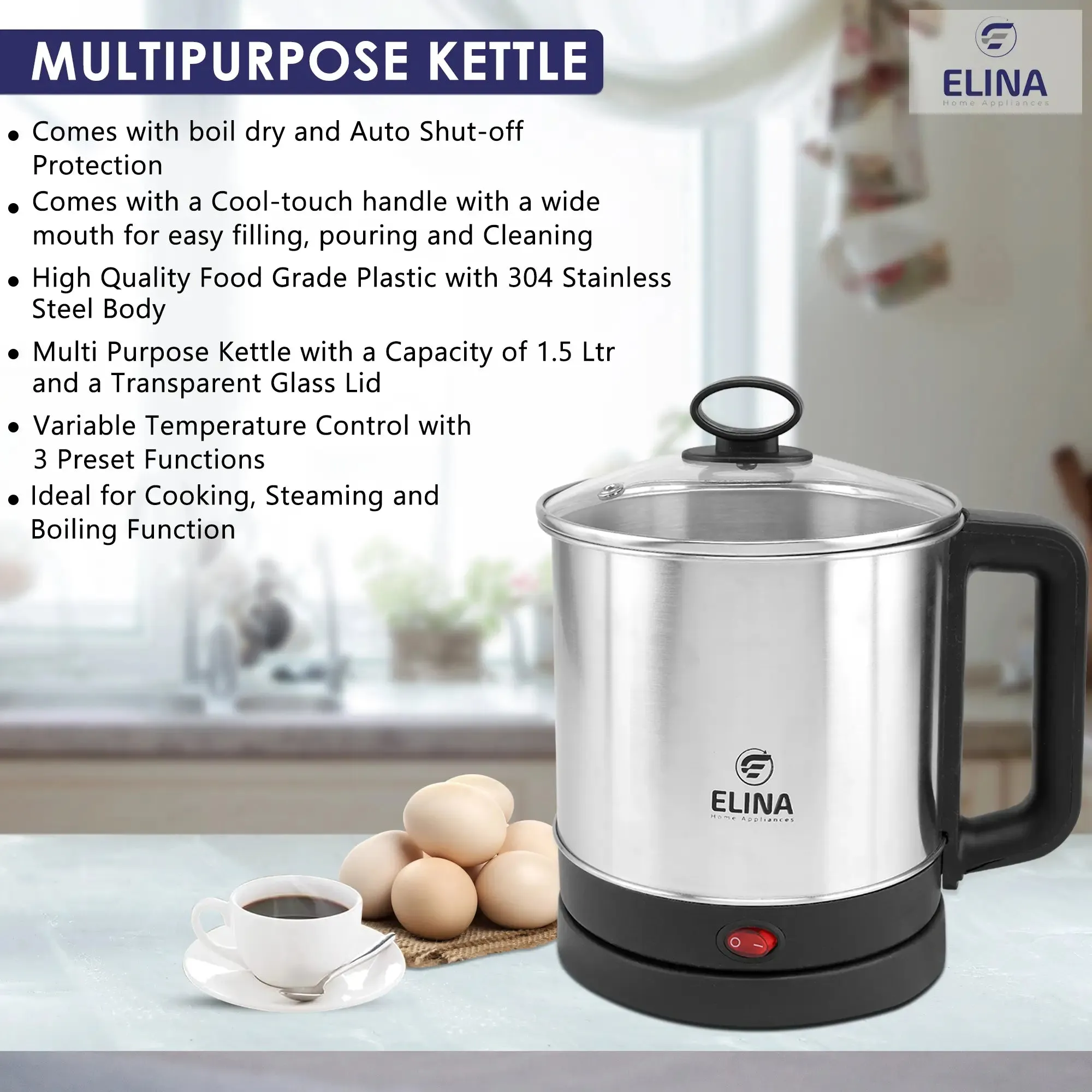 Elina 600W Multi Purpose Kettle 1.5L with egg boiler, S.S Steamer and S.S Stand, Silver
