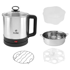 Elina 600W Multi Purpose Kettle 1.5L with egg boiler, S.S Steamer and S.S Stand, Silver