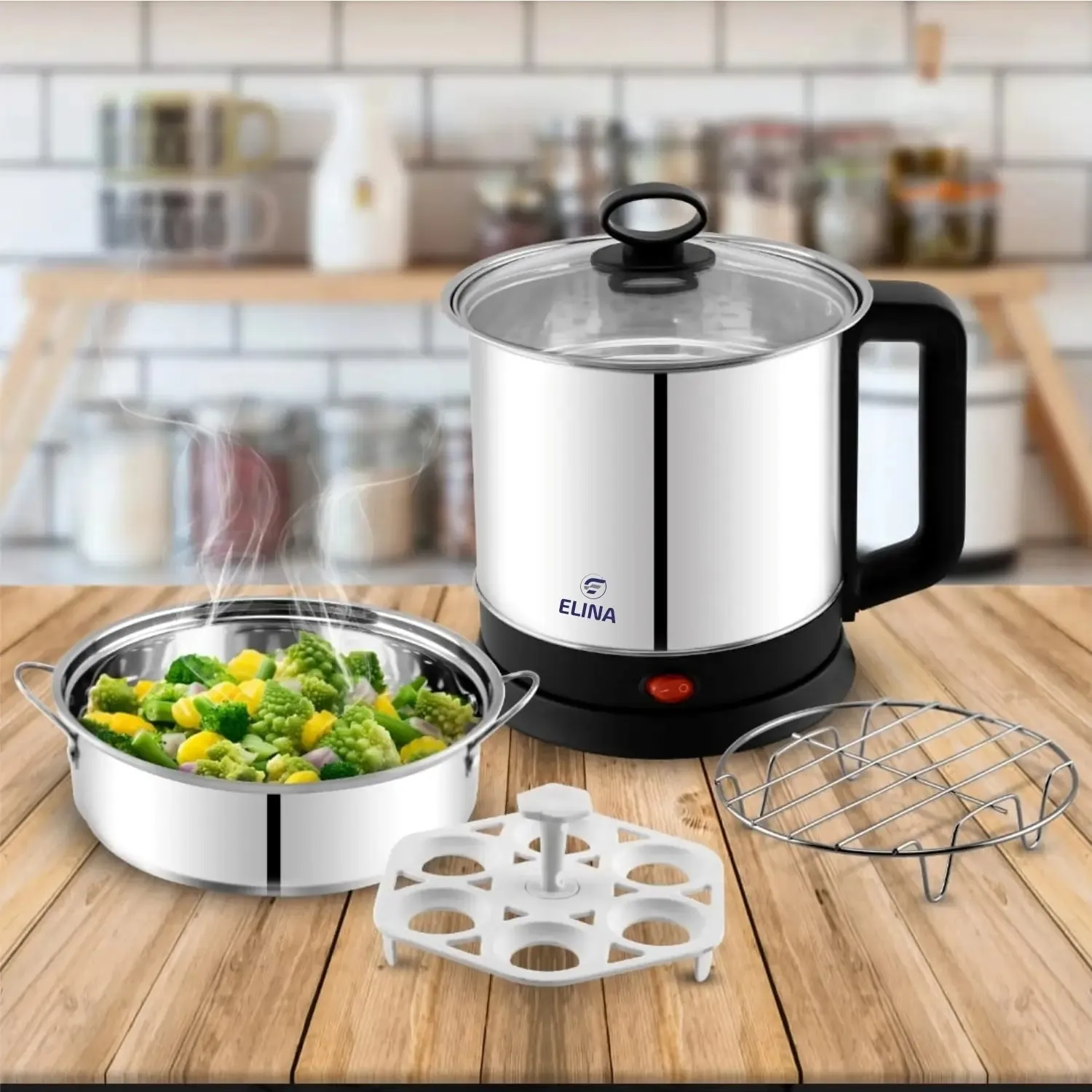 Elina 600W Multi Purpose Kettle 1.5L with egg boiler, S.S Steamer and S.S Stand, Silver