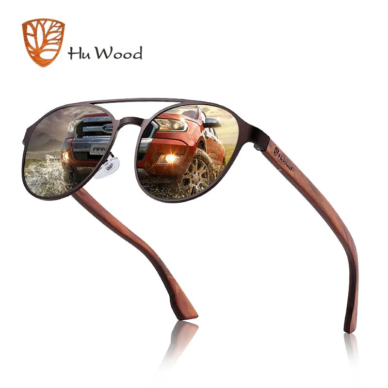 Hu Wood Polarized Sunglasses Wooden Spring Hinge Stainless Steel Frame Gr8041