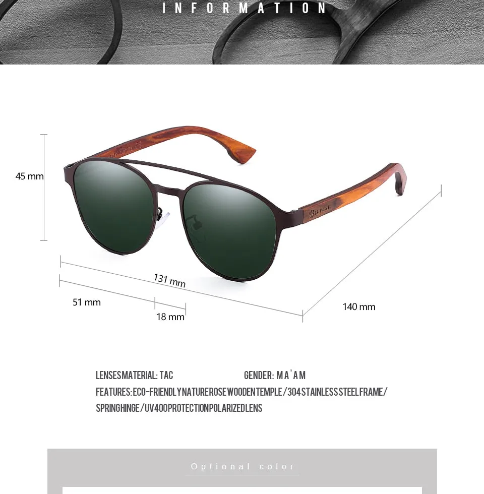 Hu Wood Polarized Sunglasses Wooden Spring Hinge Stainless Steel Frame Gr8041