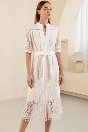 Kendall Lace Midi Dress - White/Beige