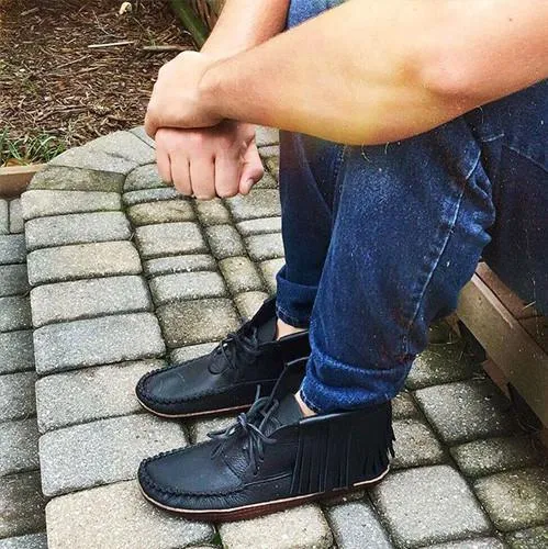 Men's FINAL CLEARANCE Earthing Moccasin Boots Fringed Ankle Moose Hide (Black Size 14 Only)