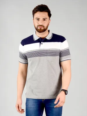 Monument Grey Striped Slim Fit Polo T-shirt | Greenfibre