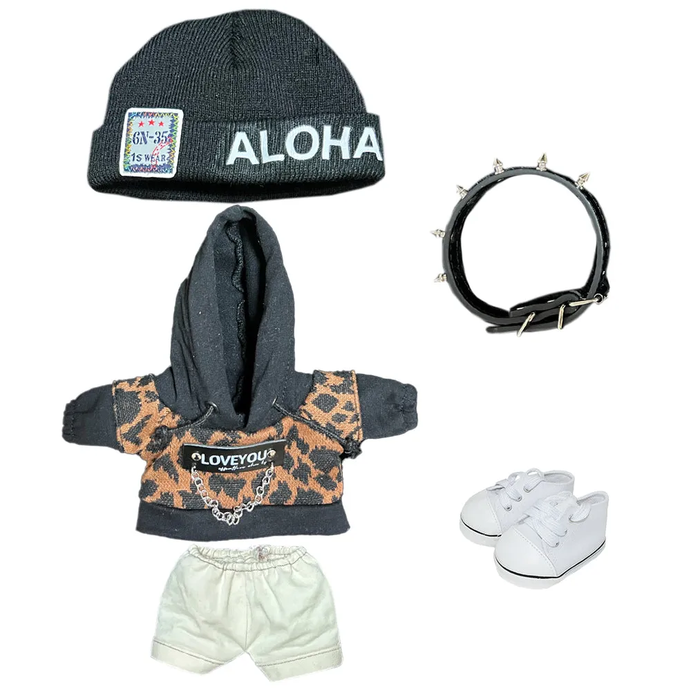 niannyyhouse 40cm Plush Doll Clothes Loose Hat Hoodie Pants Collar Canvas Shoes Leopard Print Set Doll Accessories