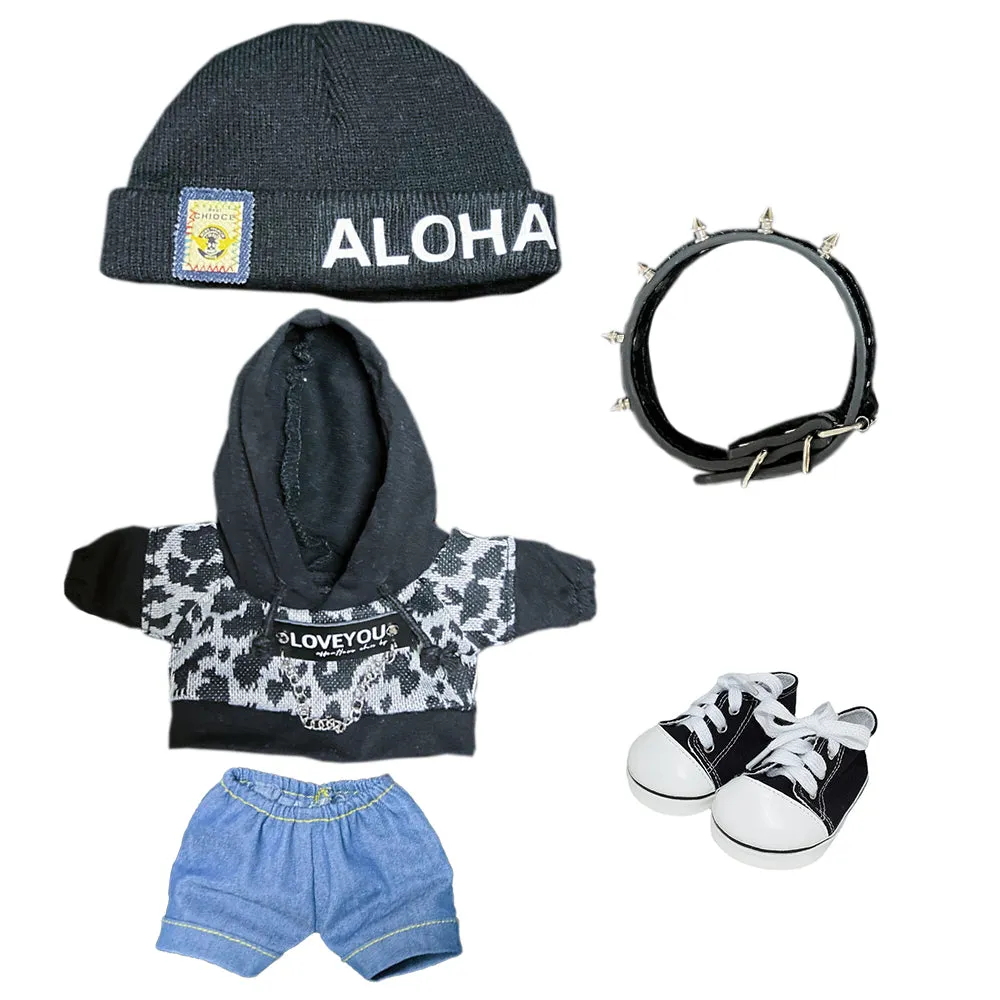 niannyyhouse 40cm Plush Doll Clothes Loose Hat Hoodie Pants Collar Canvas Shoes Leopard Print Set Doll Accessories