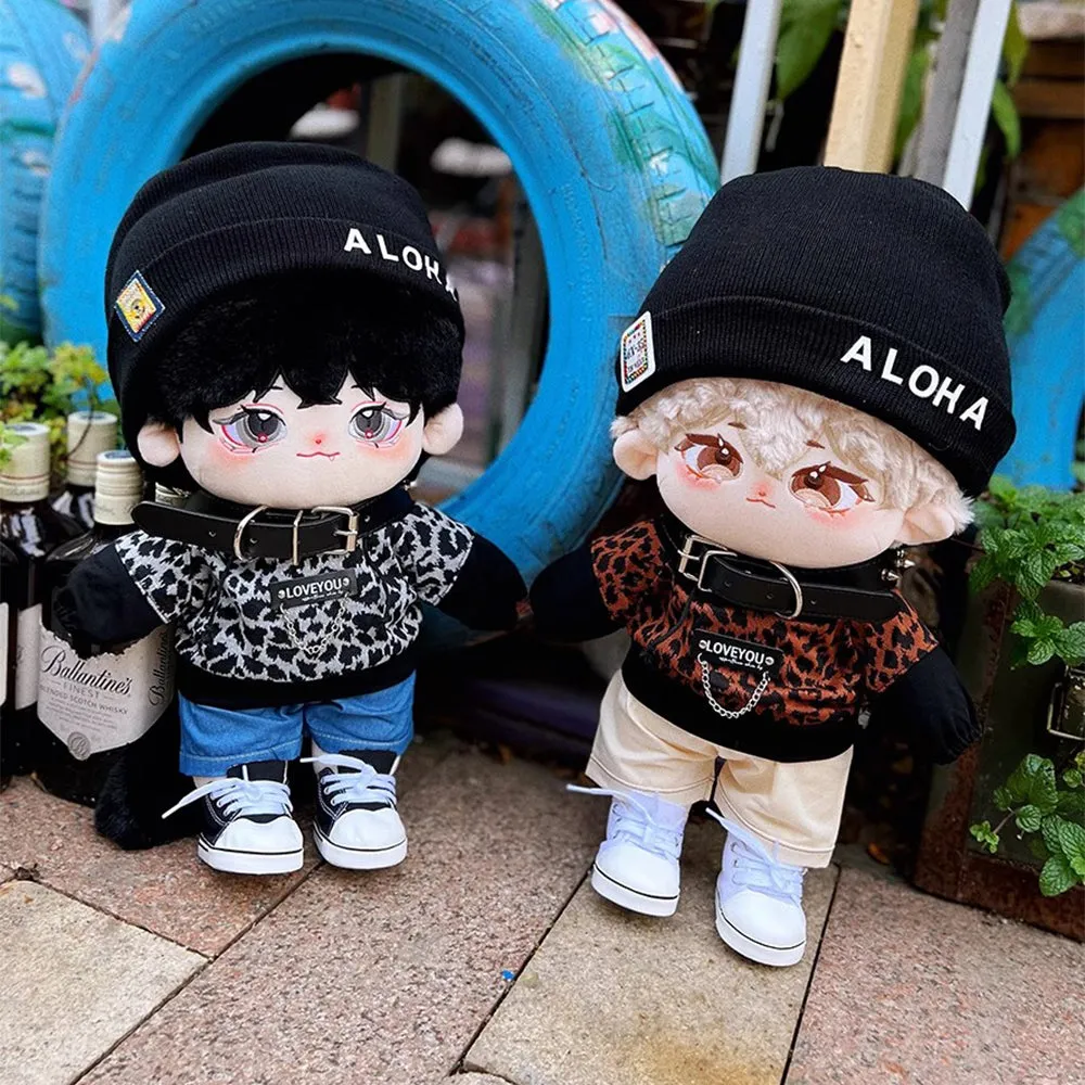 niannyyhouse 40cm Plush Doll Clothes Loose Hat Hoodie Pants Collar Canvas Shoes Leopard Print Set Doll Accessories
