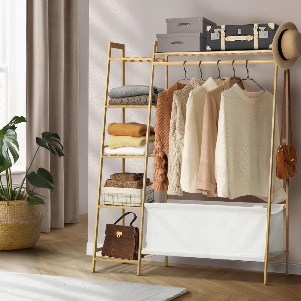 Oikiture Open Wardrobe Organiset with Hanging Rail and Laundry Bag Wardrobe Clothes Rack