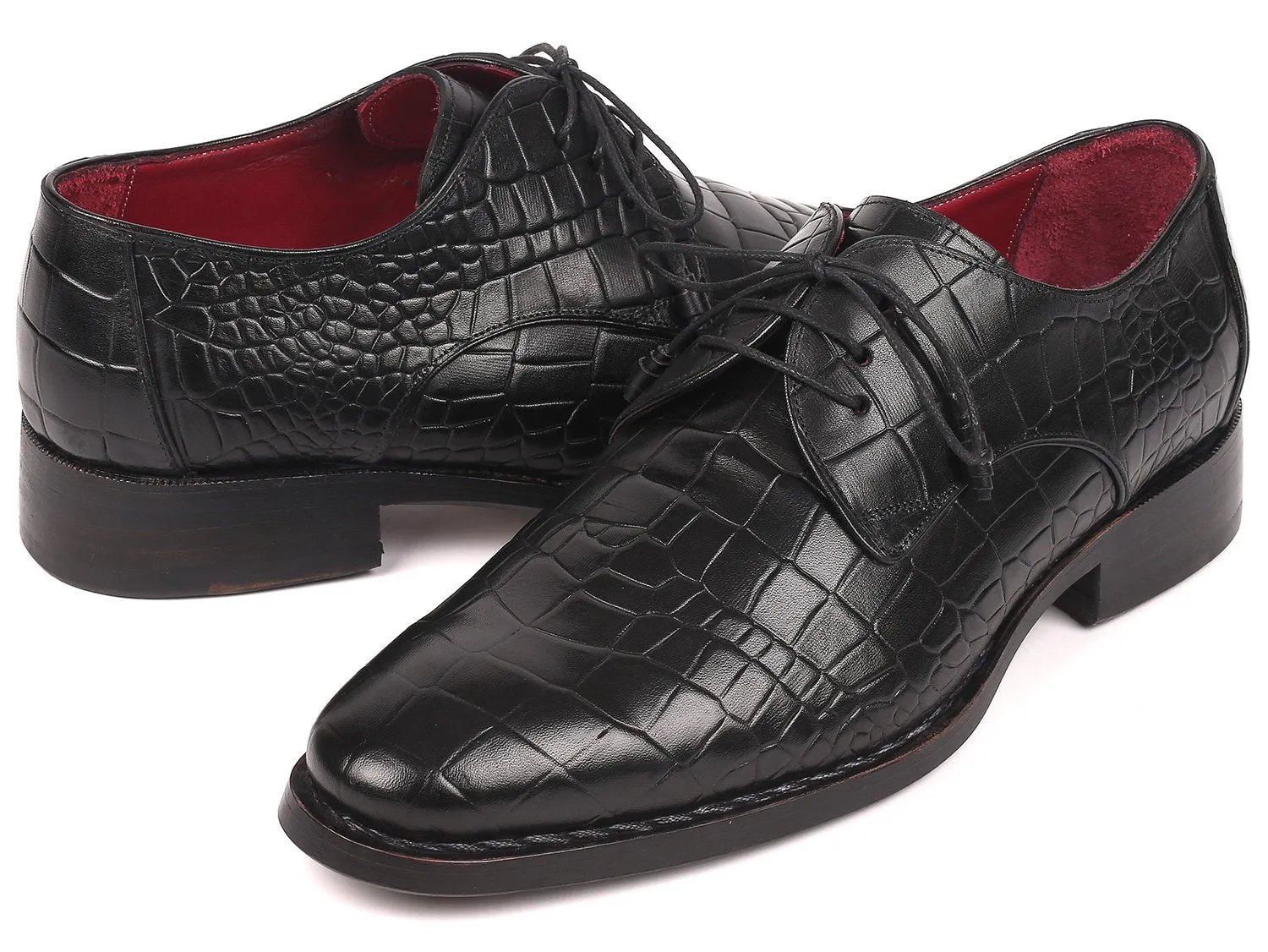 Paul Parkman Croco-Embossed Calfskin Goodyear Welted Derby Shoes in Black