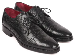 Paul Parkman Croco-Embossed Calfskin Goodyear Welted Derby Shoes in Black