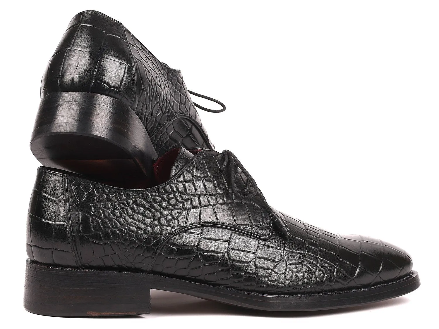 Paul Parkman Croco-Embossed Calfskin Goodyear Welted Derby Shoes in Black