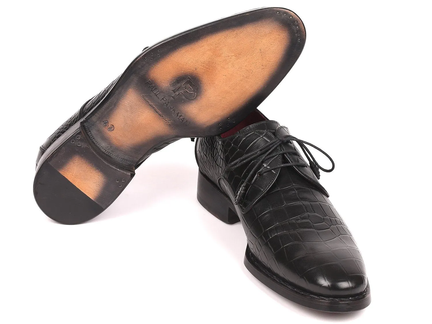 Paul Parkman Croco-Embossed Calfskin Goodyear Welted Derby Shoes in Black