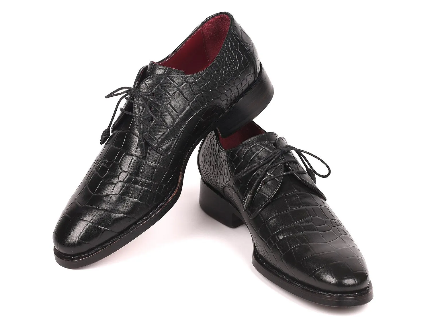 Paul Parkman Croco-Embossed Calfskin Goodyear Welted Derby Shoes in Black