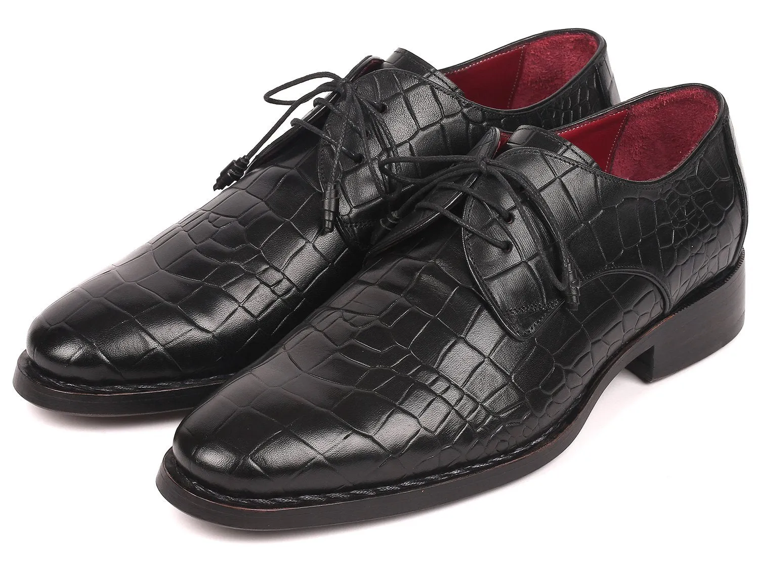 Paul Parkman Croco-Embossed Calfskin Goodyear Welted Derby Shoes in Black