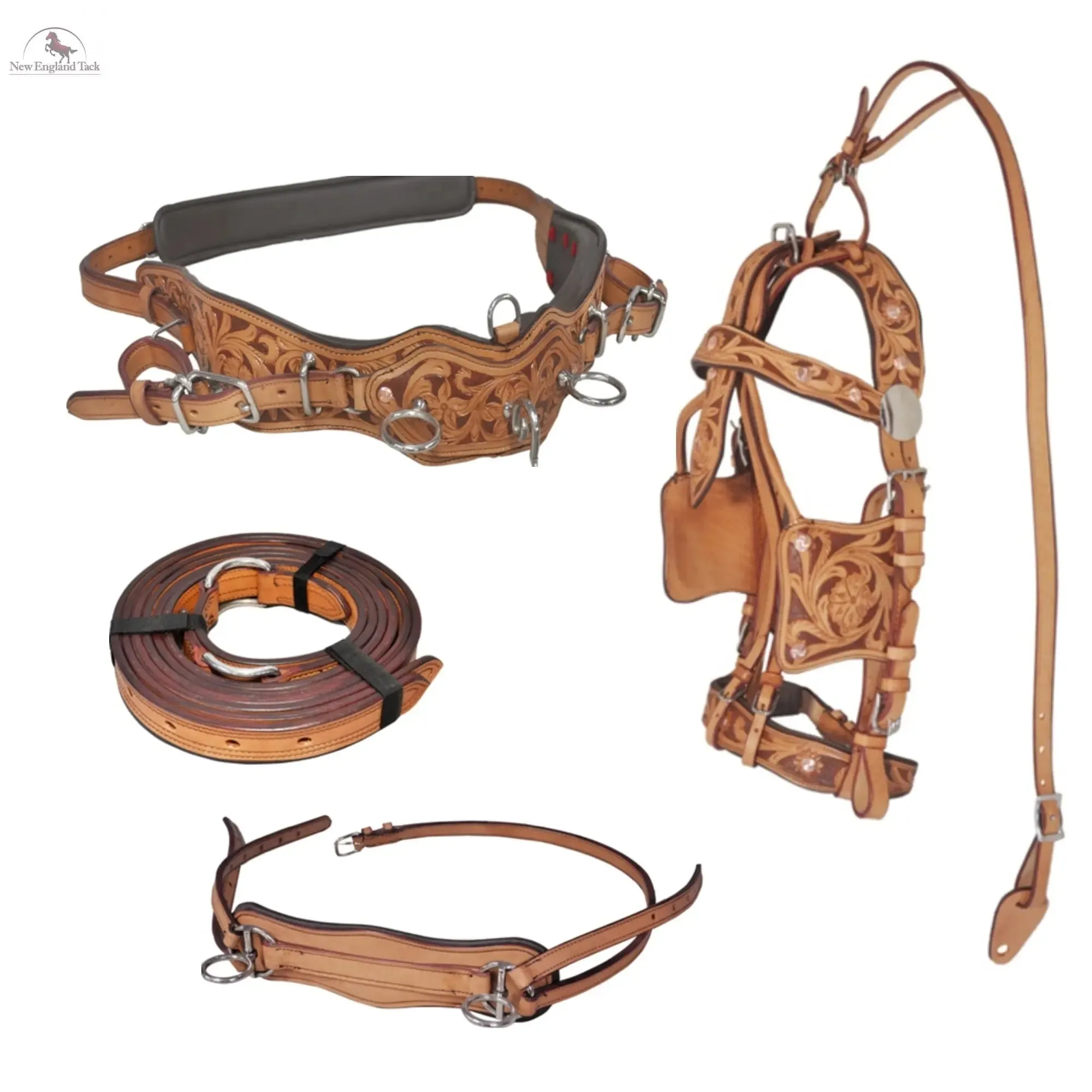 Premium Horse Harness - Full Size, Hand-Carved Leather, Stainless Steel Fittings