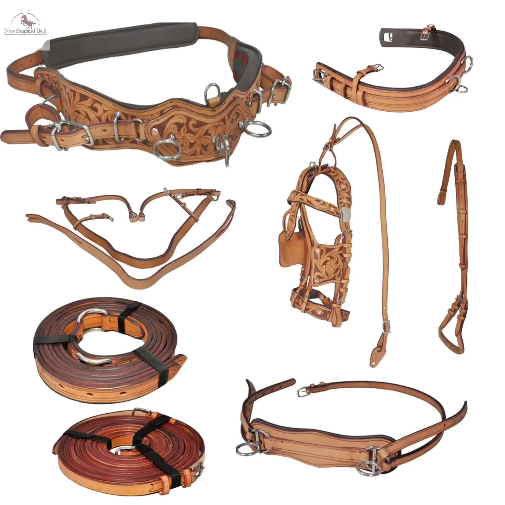 Premium Horse Harness - Full Size, Hand-Carved Leather, Stainless Steel Fittings