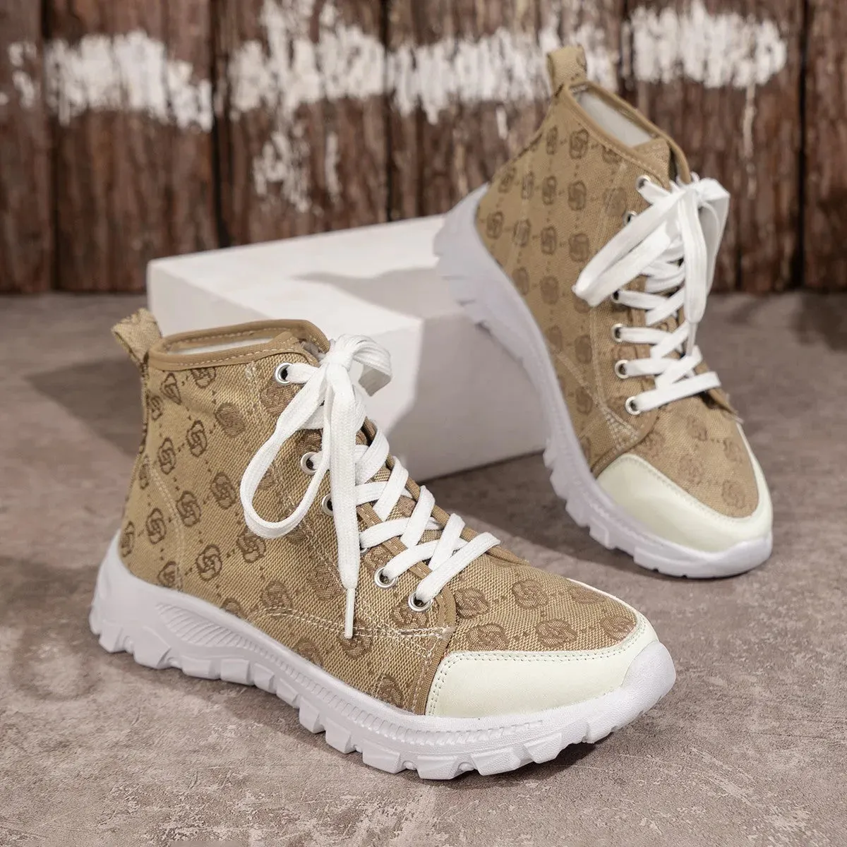 Rose-printed Lace-up Boots Fashion Breathable Canvas Shoes Sports Casual Non-slip Thick-soled Short Boot For Women