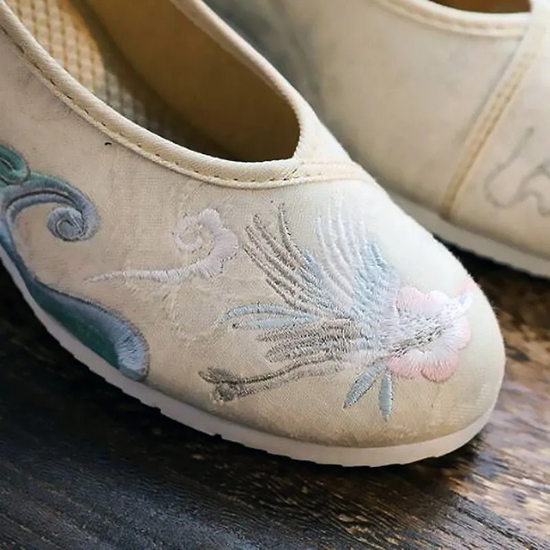 Sea & Crane Traditional Embroidered Canvas Round Toe Mary Janes