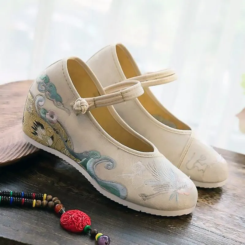 Sea & Crane Traditional Embroidered Canvas Round Toe Mary Janes