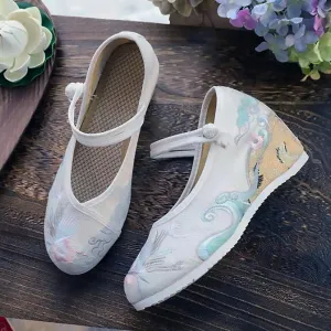 Sea & Crane Traditional Embroidered Canvas Round Toe Mary Janes
