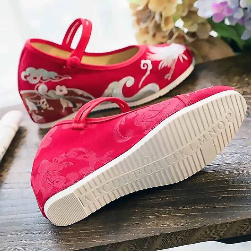 Sea & Crane Traditional Embroidered Canvas Round Toe Mary Janes