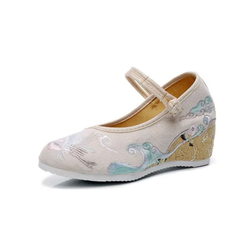 Sea & Crane Traditional Embroidered Canvas Round Toe Mary Janes